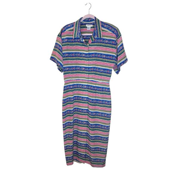 Vintage Talbots 100% Silk Button Up Dress Pink Blue Striped Floral sz 8 Bohemian - Picture 3 of 10